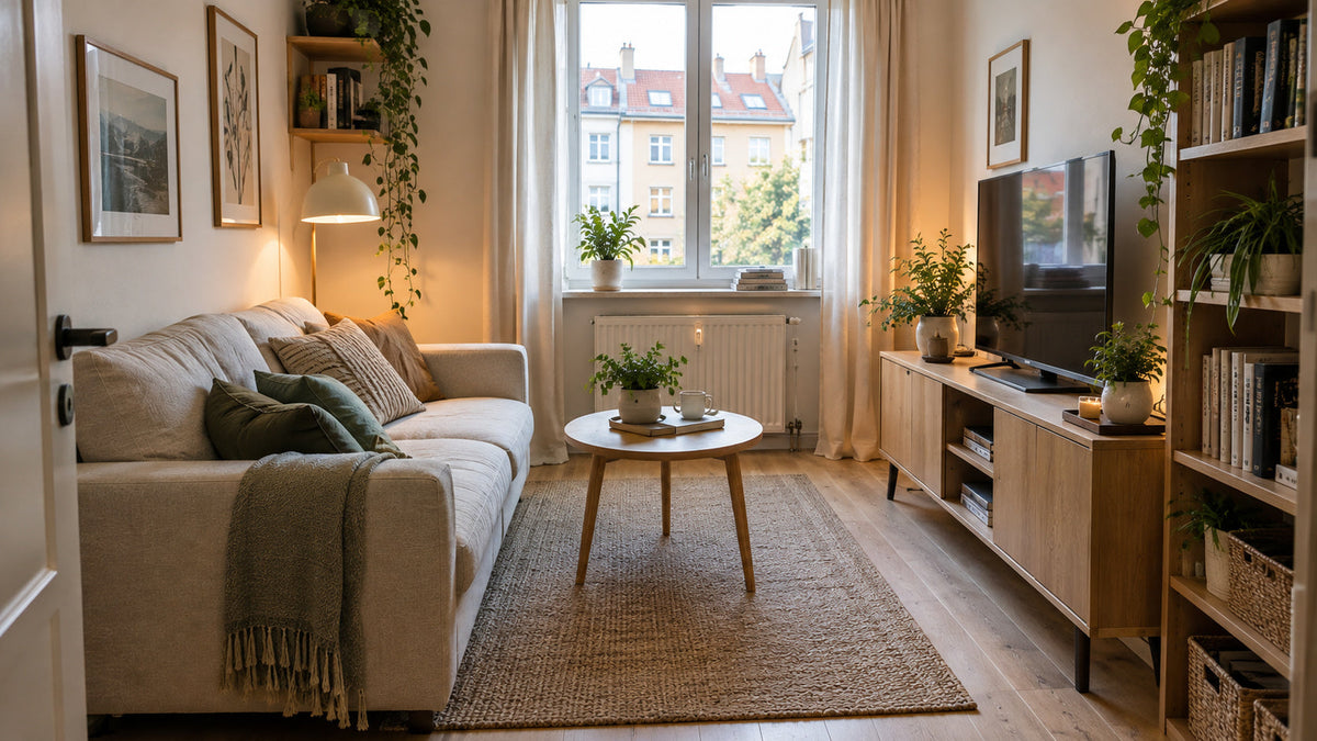 Small living room ideas featuring a compact sofa, wooden TV cabinet, coffee table and practical storage in a cozy apartment.