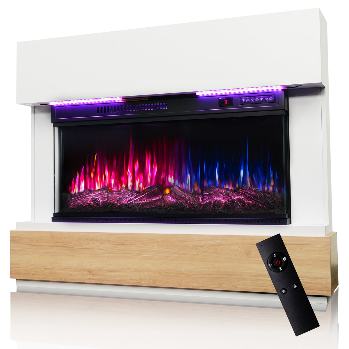 HOMAVO 36" Kaminofen, 1000W/2000W, 3D Flammeneffekt, LED-Lichtleiste, Fernbedienung, Maße: 117 × 20 × 95.5 cm