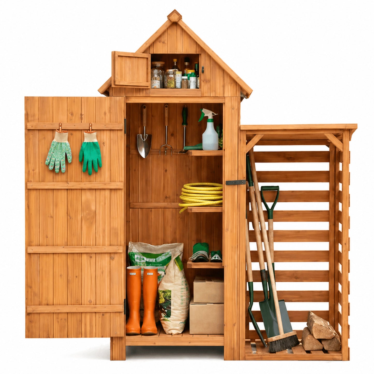 HOMAVO Garden Storage Shed with Firewood Rack, Dimensions: 131 × 54.3 × 179 cm