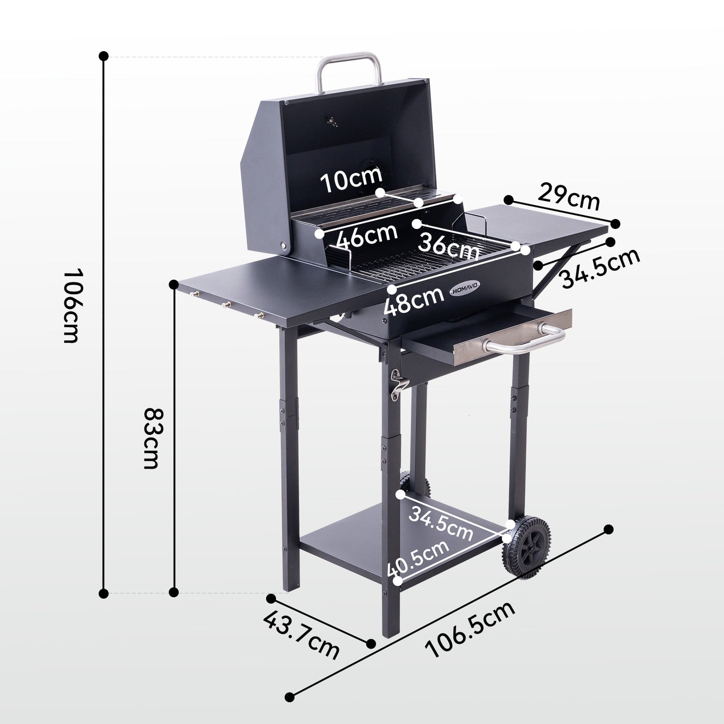 HOMAVO Charcoal Grill with Lid, 2 Side Tables, Grilling Area: 45×32cm