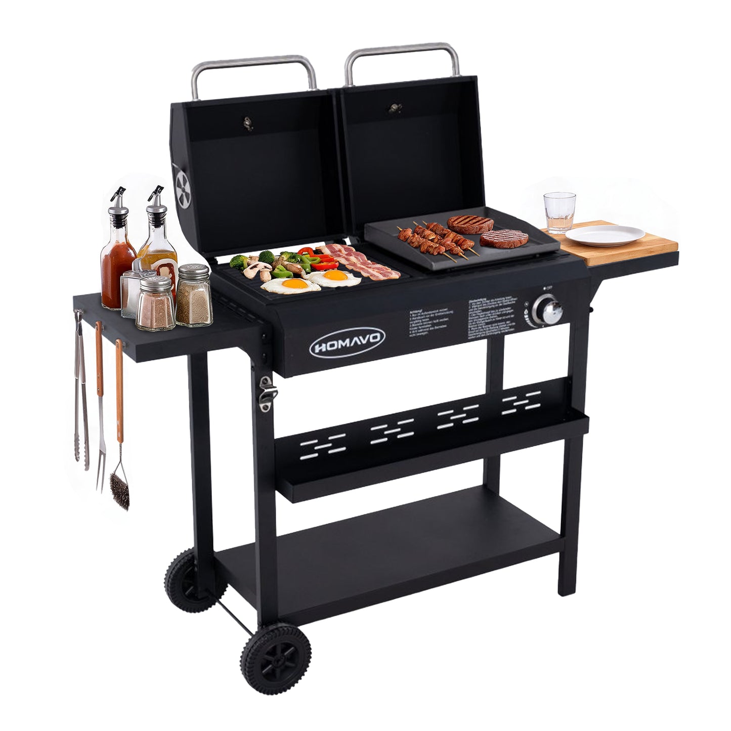 HOMAVO 2-in-1 Gas & Charcoal Grill, Dimensions : 130 × 43 × 92.8 cm