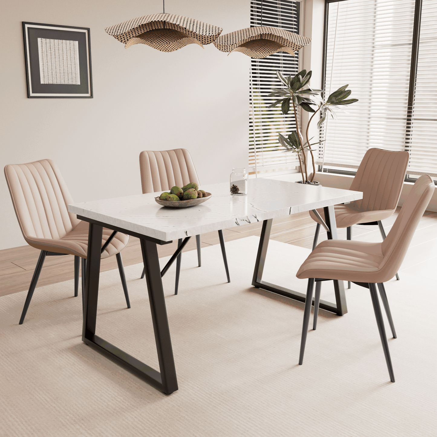 HOMAVO 5-Piece Dining Set – 4 Velvet/PU Chairs + 140cm Rectangular Table