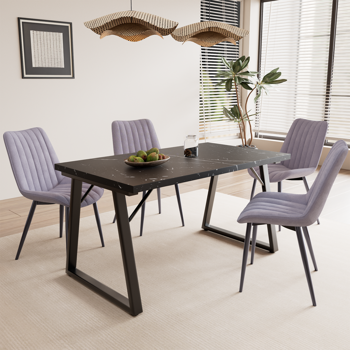 HOMAVO 5-Piece Dining Set – 4 Velvet/PU Chairs + 140cm Rectangular Table