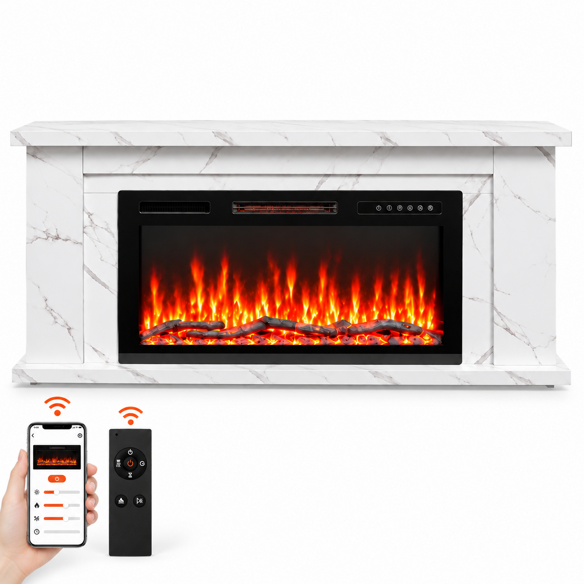 HOMAVO Electric Fireplace with Cabinet, 36 Inch, 1000/2000 W Heating, APP Control, 3D Flame Effect, 152 × 27.5 × 66 cm Cabinet, 12 Flame Colors, 1–8 H Timer