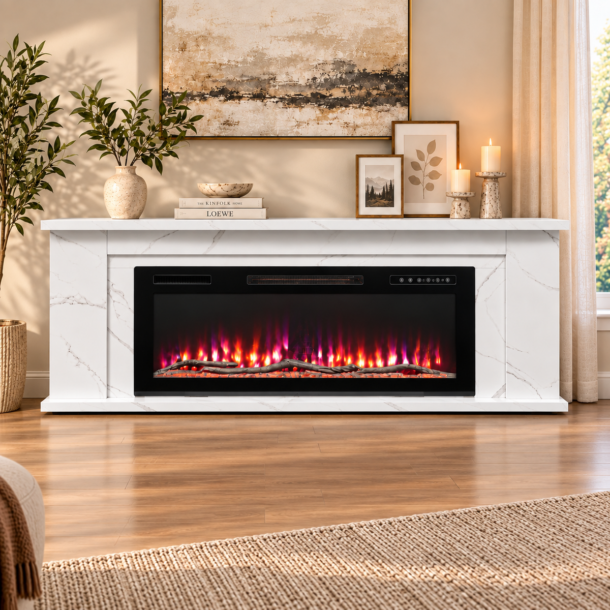 HOMAVO Electric Fireplace with Cabinet, 50 Inch, 1000/2000 W Heating, App Control, 3D Flame Effect Cabinet Size: 178 × 27.5 × 66 cm, 12 Flame Colors, 1–8 H Timer