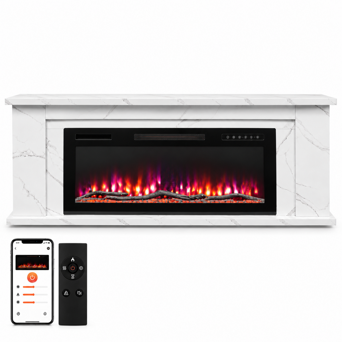 HOMAVO Electric Fireplace with Cabinet, 50 Inch, 1000/2000 W Heating, App Control, 3D Flame Effect Cabinet Size: 178 × 27.5 × 66 cm, 12 Flame Colors, 1–8 H Timer