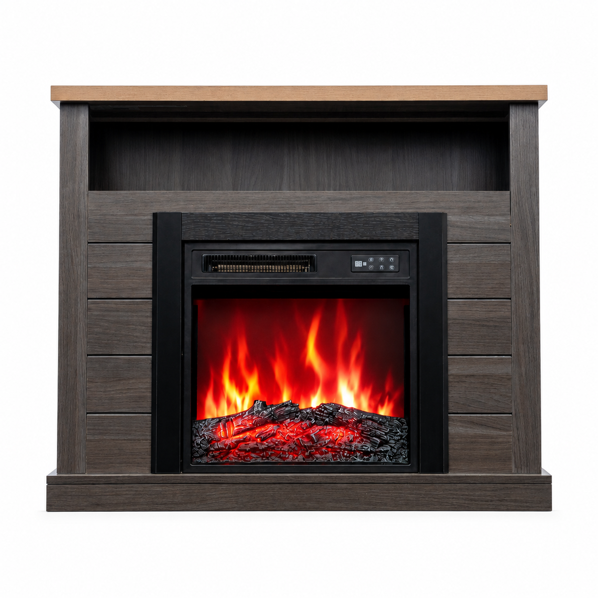 HOMAVO 18-Inch Gray Electric Fireplace with Mantel Cabinet, 900W/1800W 2-Heat Settings, 7-Color 3D Flame, Remote + Panel Controls, 1–8H Timer, with Storage Space