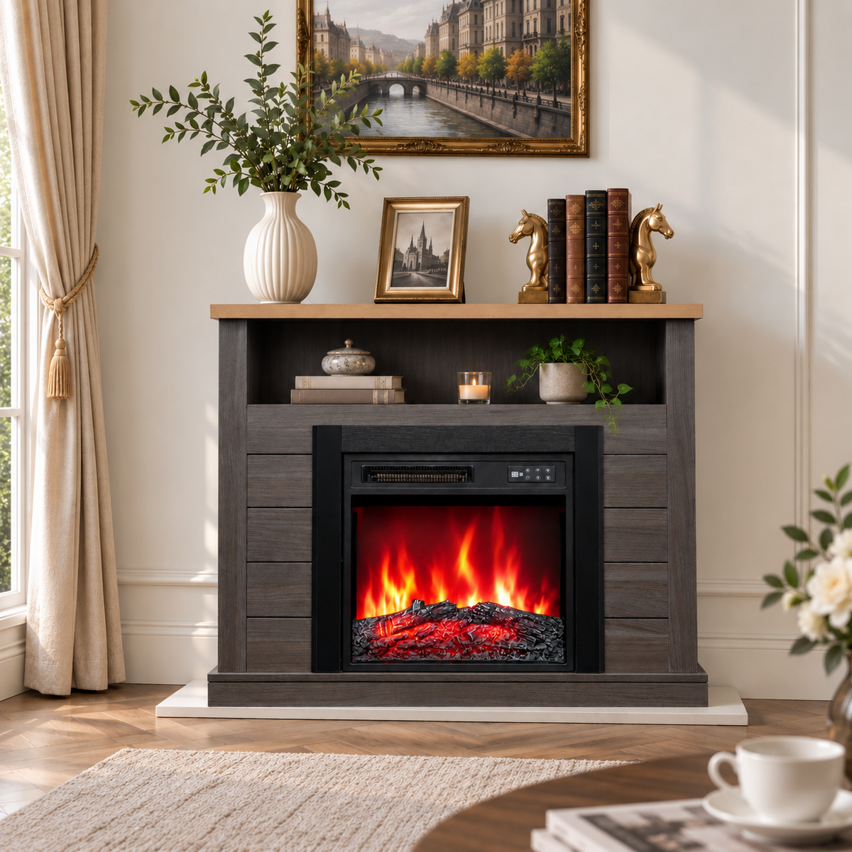 HOMAVO 18-Inch Gray Electric Fireplace with Mantel Cabinet, 900W/1800W 2-Heat Settings, 7-Color 3D Flame, Remote + Panel Controls, 1–8H Timer, with Storage Space