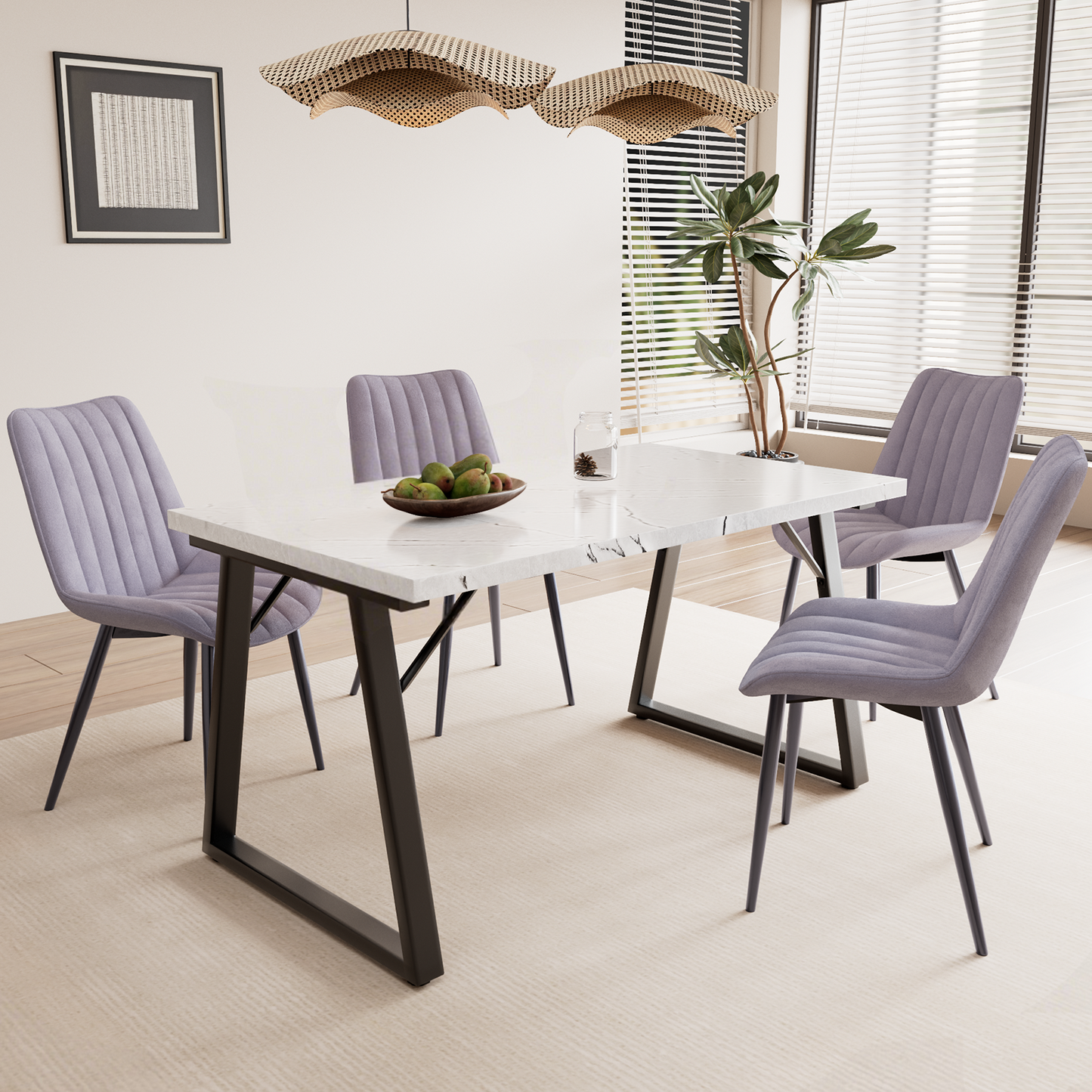 HOMAVO 5-Piece Dining Set – 4 Velvet/PU Chairs + 140cm Rectangular Table