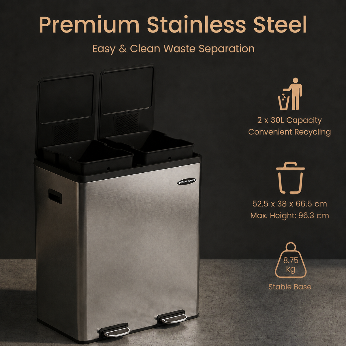 Dual-Compartment Trash Can with Odor Control, Including 1 Activated Carbon Filter