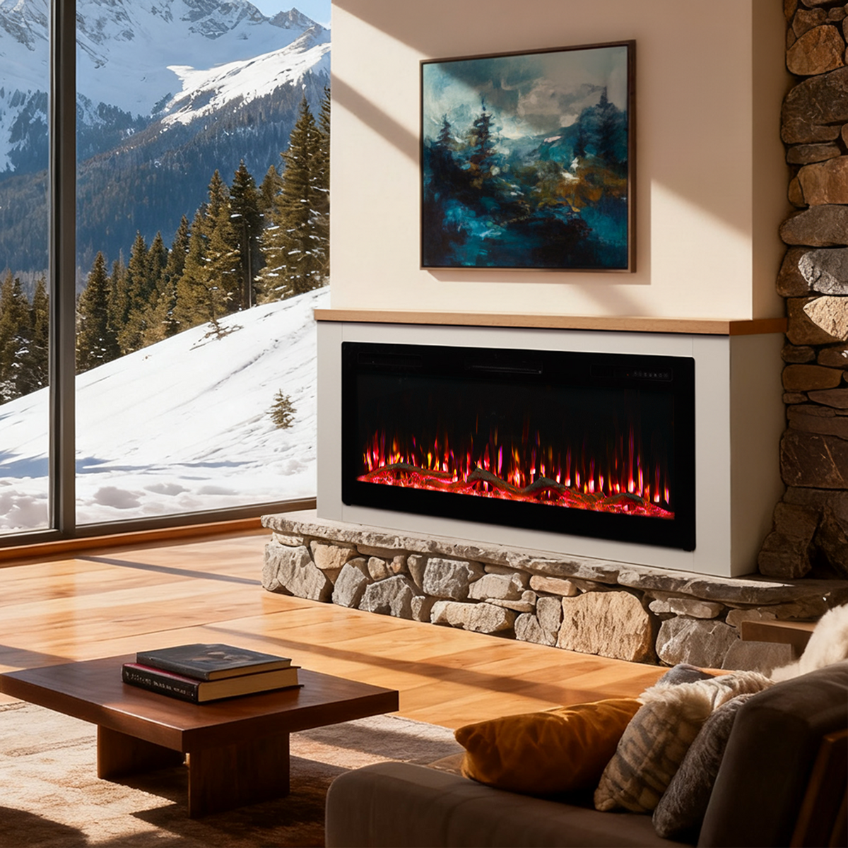 Cheminée électrique HOMAVO 50" à poser, 1000W/2000W, effet de flamme simulé 3D, télécommande et contrôle par application, Dimensions : 150 × 30 × 60 cm