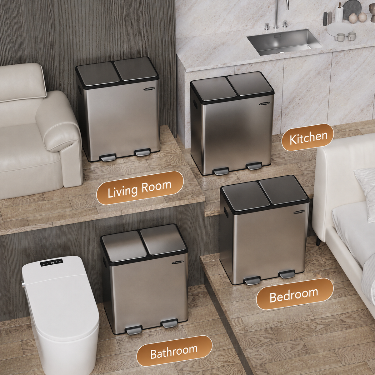 Dual-Compartment Trash Can with Odor Control, Including 1 Activated Carbon Filter