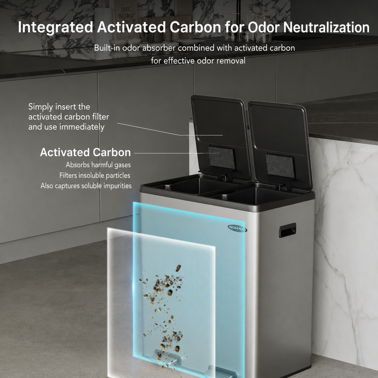 Dual-Compartment Trash Can with Odor Control, Including 1 Activated Carbon Filter