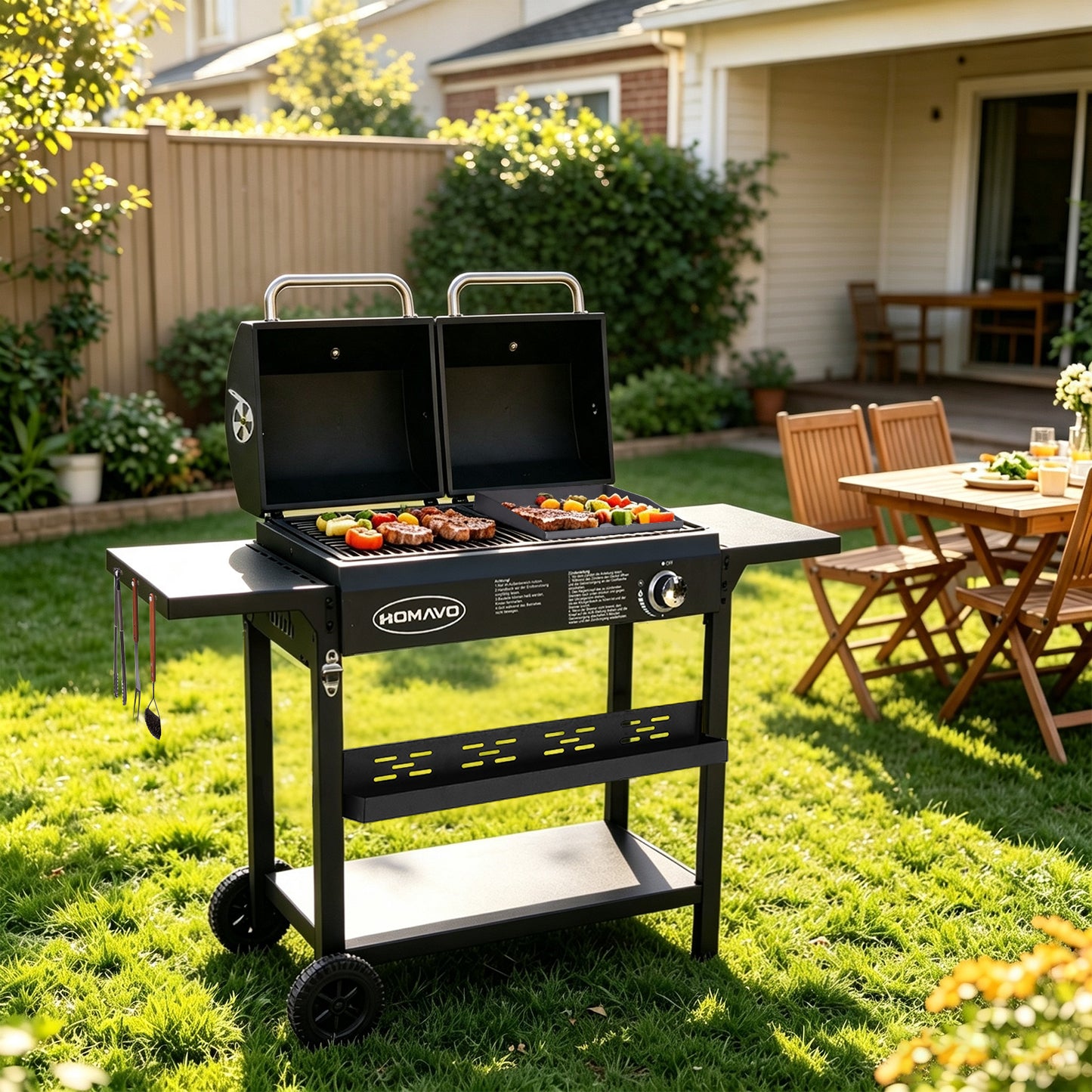 HOMAVO 2-in-1 Gas & Charcoal Grill, Dimensions : 130 × 43 × 92.8 cm