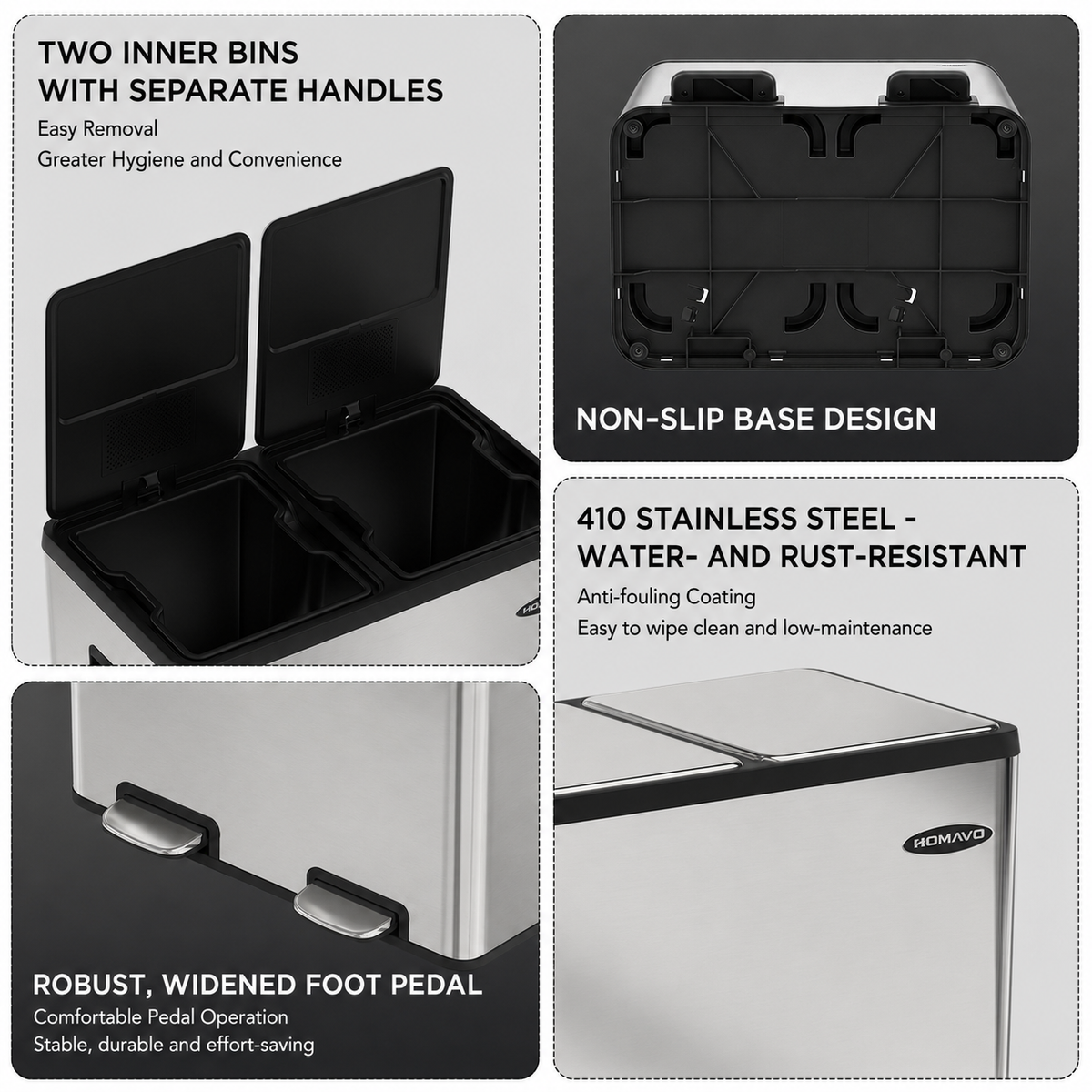 Dual-Compartment Trash Can with Odor Control, Including 1 Activated Carbon Filter