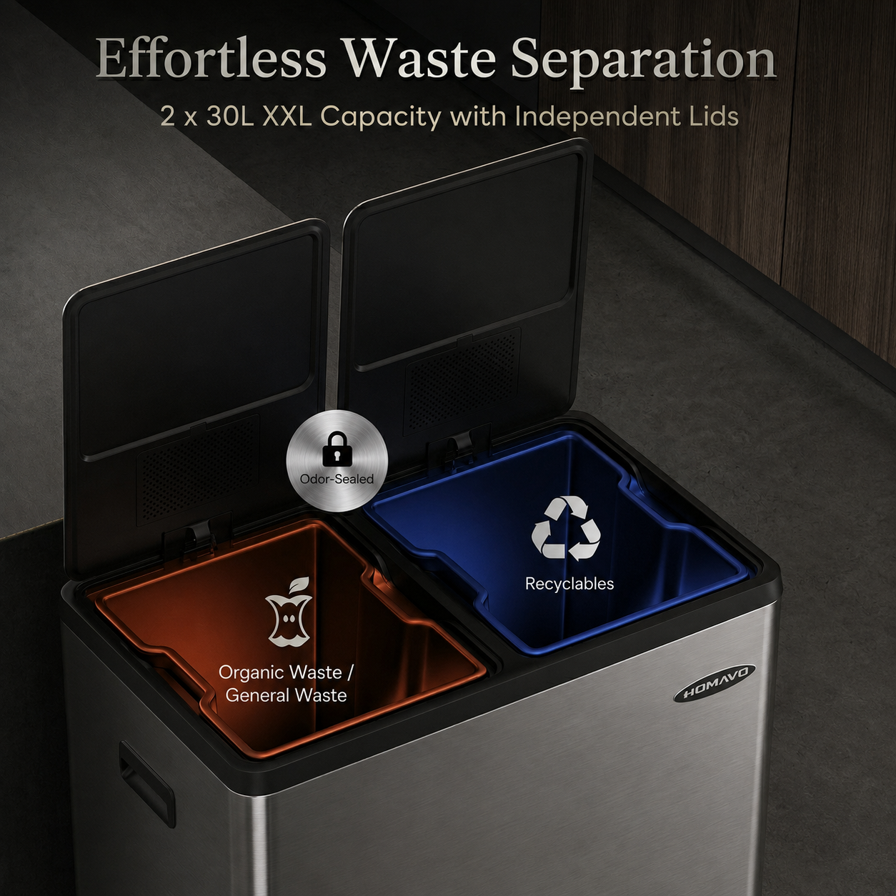 Dual-Compartment Trash Can with Odor Control, Including 1 Activated Carbon Filter