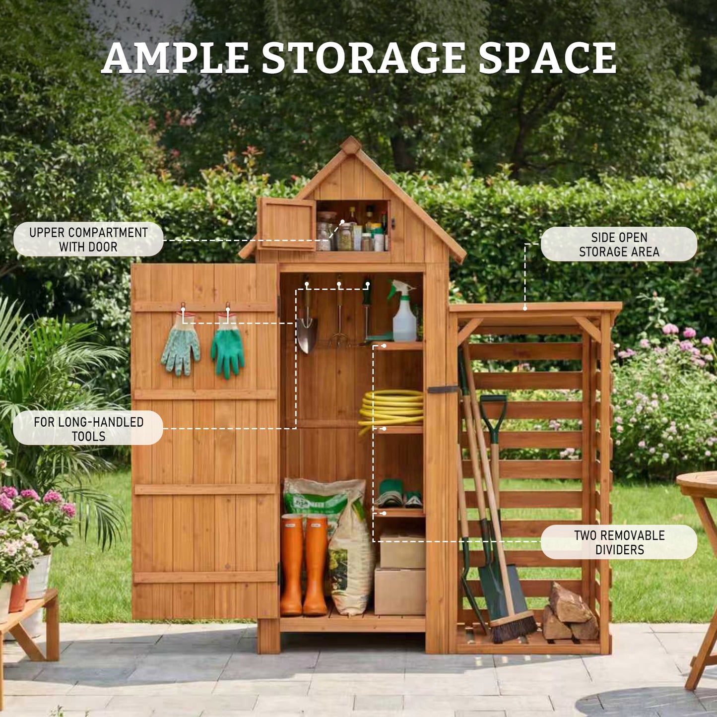 HOMAVO Garden Storage Shed with Firewood Rack, Dimensions: 131 × 54.3 × 179 cm
