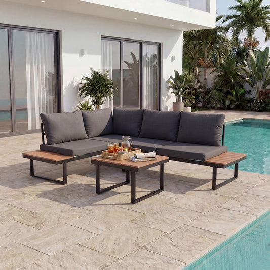HOMAVO Patio Furniture Set with Coffee Table, L-Shaped Corner Sofa (with Waterproof Sofa Cover)