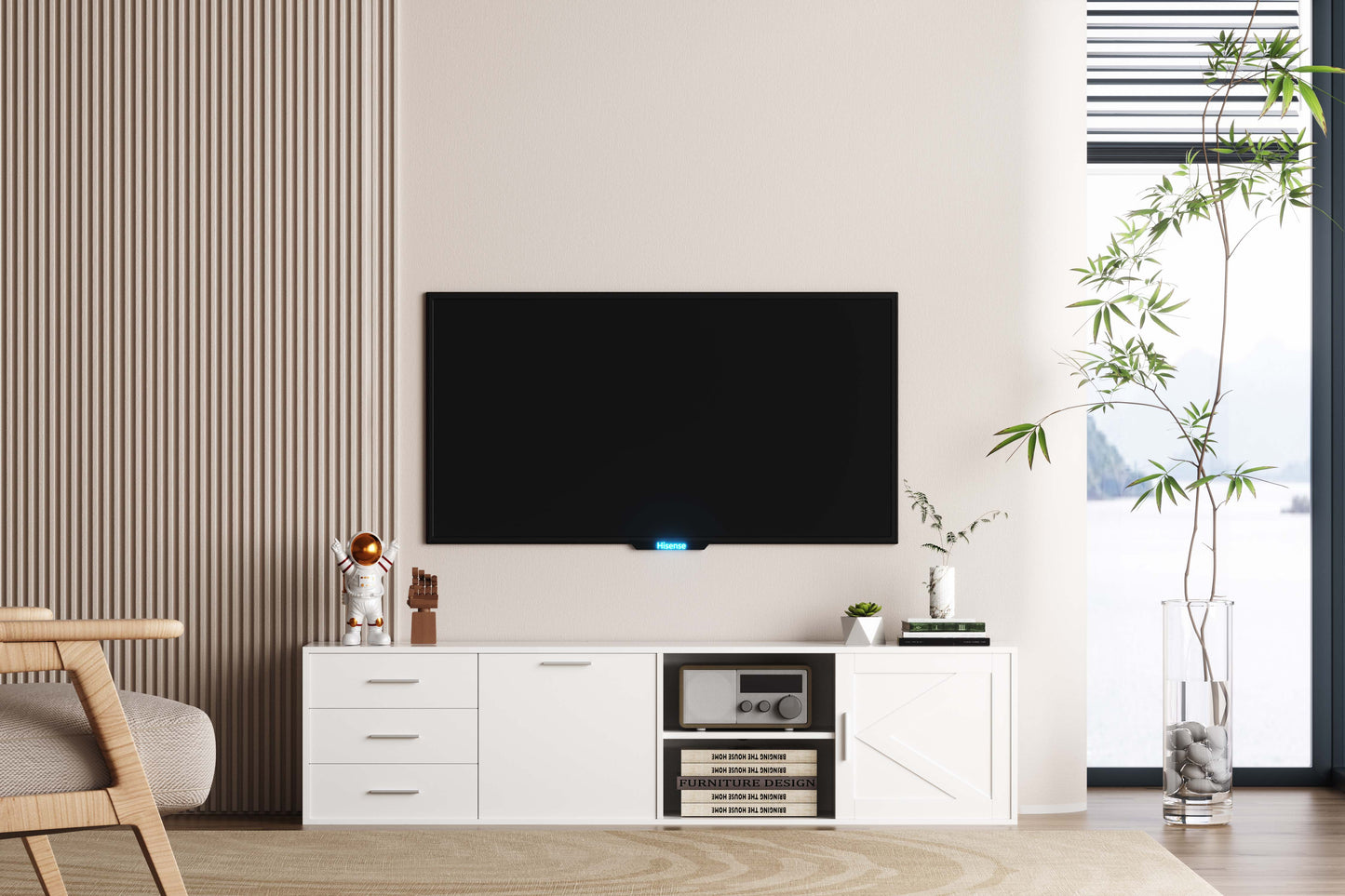 HOMAVO 160-180cm Modern TV Stand – 3 Drawers & 2 Sliding Doors | FSC Wood Storage Cabinet