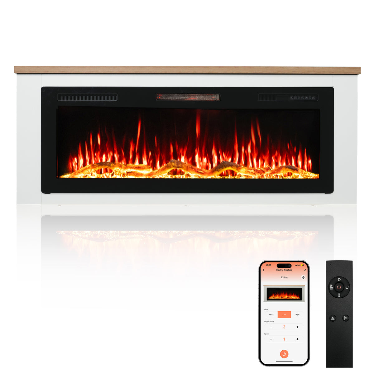 Cheminée électrique HOMAVO 50" à poser, 1000W/2000W, effet de flamme simulé 3D, télécommande et contrôle par application, Dimensions : 150 × 30 × 60 cm