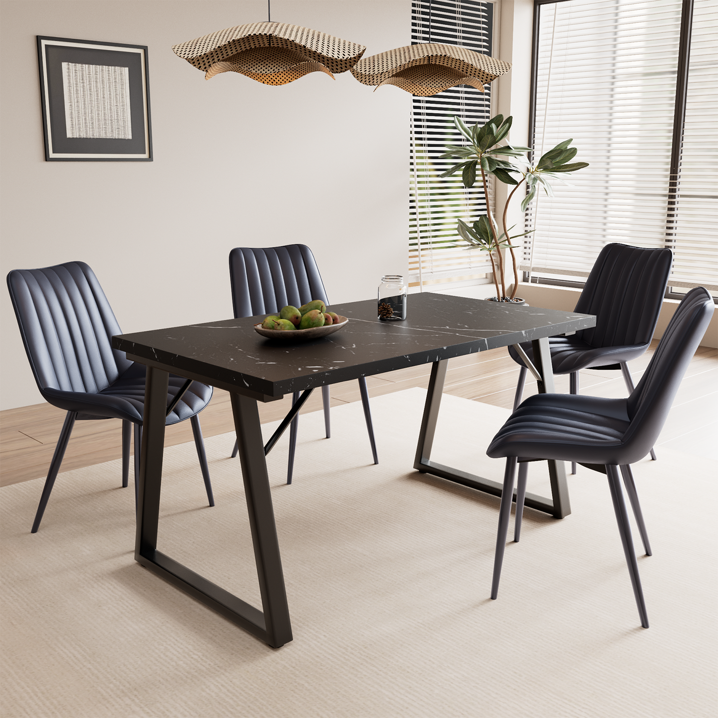HOMAVO 5-Piece Dining Set – 4 Velvet/PU Chairs + 140cm Rectangular Table