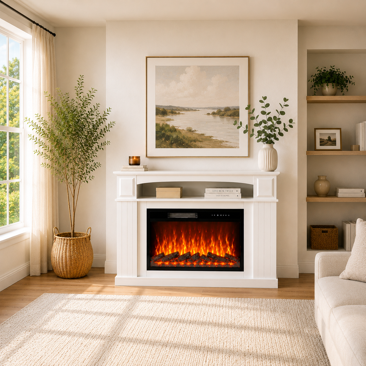 HOMAVO 23-Inch Electric Fireplace with LED-Lit Mantel Cabinet, 1000W/2000W Dual Heat Settings, 7 Flame Colors, 5 Brightness & Flame Speed Levels, 1-8H Timer, Remote + Touch Control, 42 LED Strip Effects, 50 kg Top Load Capacity