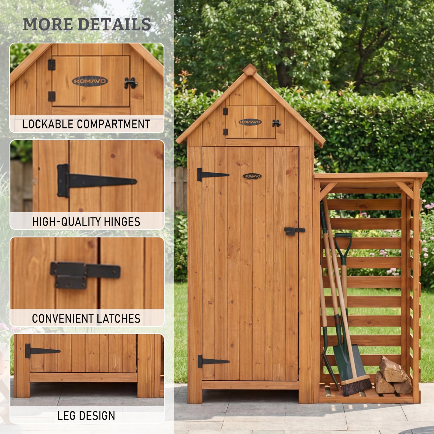 HOMAVO Garden Storage Shed with Firewood Rack, Dimensions: 131 × 54.3 × 179 cm