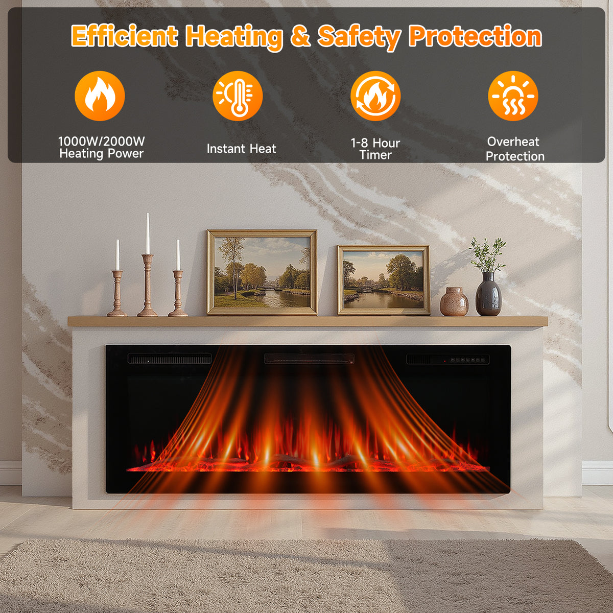 Cheminée électrique HOMAVO 50" à poser, 1000W/2000W, effet de flamme simulé 3D, télécommande et contrôle par application, Dimensions : 150 × 30 × 60 cm