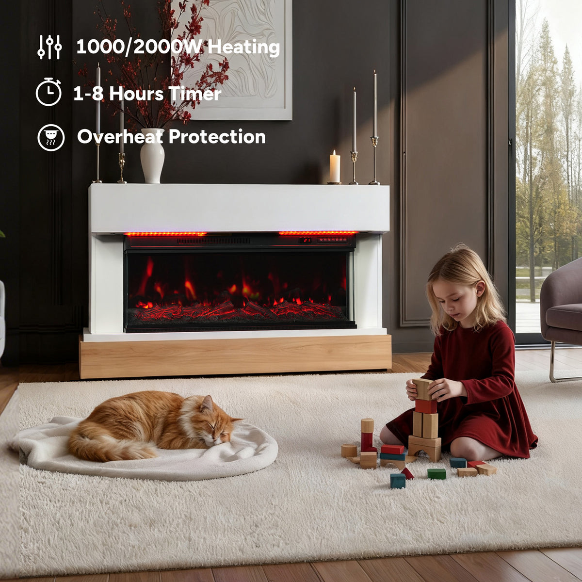 HOMAVO 36" Kaminofen, 1000W/2000W, 3D Flammeneffekt, LED-Lichtleiste, Fernbedienung, Maße: 117 × 20 × 95.5 cm