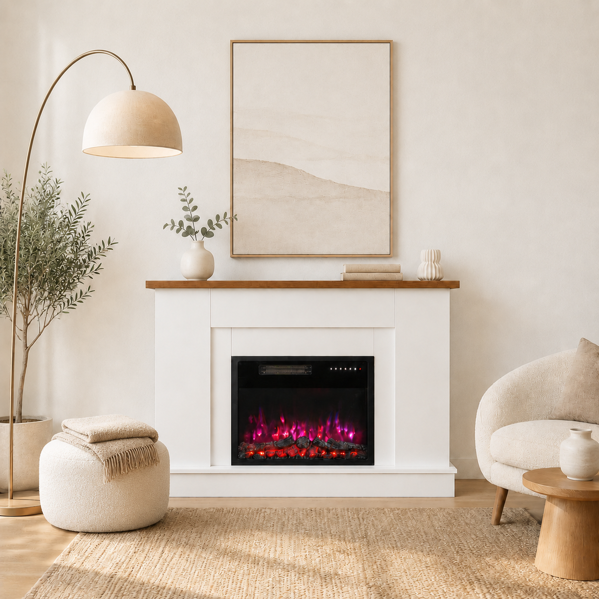 HOMAVO Electric Fireplace with Mantel Cabinet, 23 Inch, 1000/2000W Heater, 7-Colour 3D Flame Effect, Timer and Remote Control