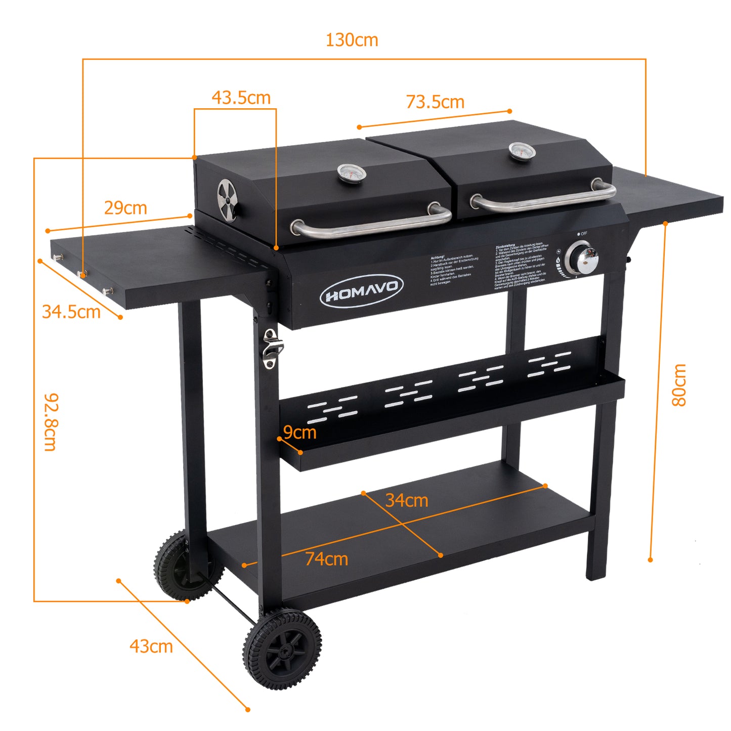 HOMAVO 2-in-1 Gas & Charcoal Grill, Dimensions : 130 × 43 × 92.8 cm