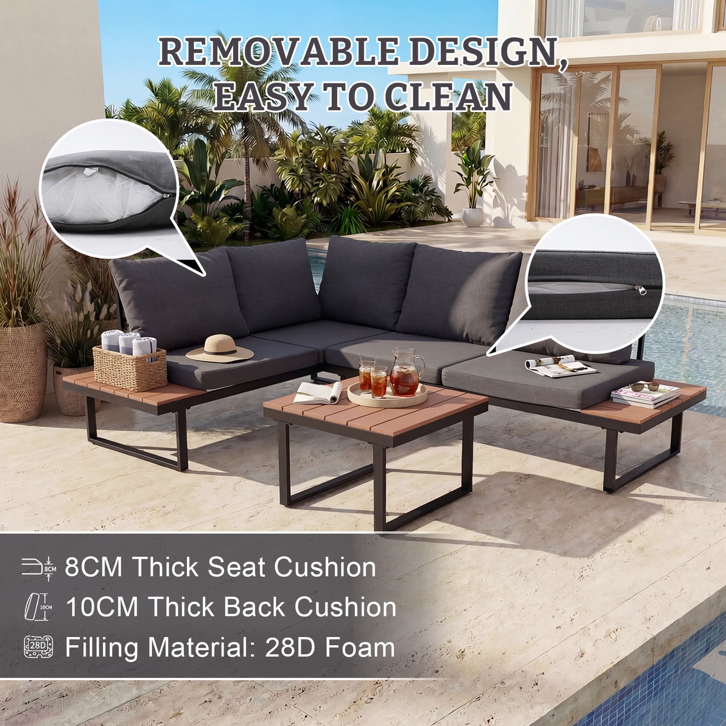 HOMAVO Patio Furniture Set with Coffee Table, L-Shaped Corner Sofa (with Waterproof Sofa Cover)