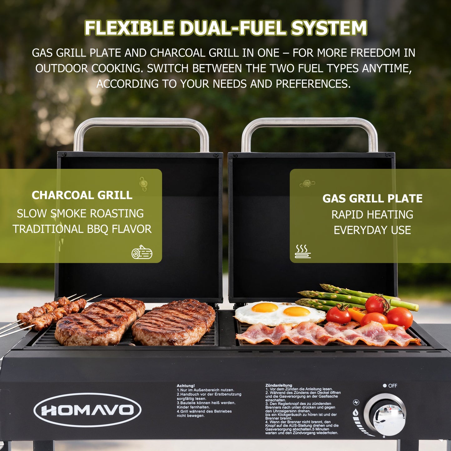 HOMAVO 2-in-1 Gas & Charcoal Grill, Dimensions : 130 × 43 × 92.8 cm