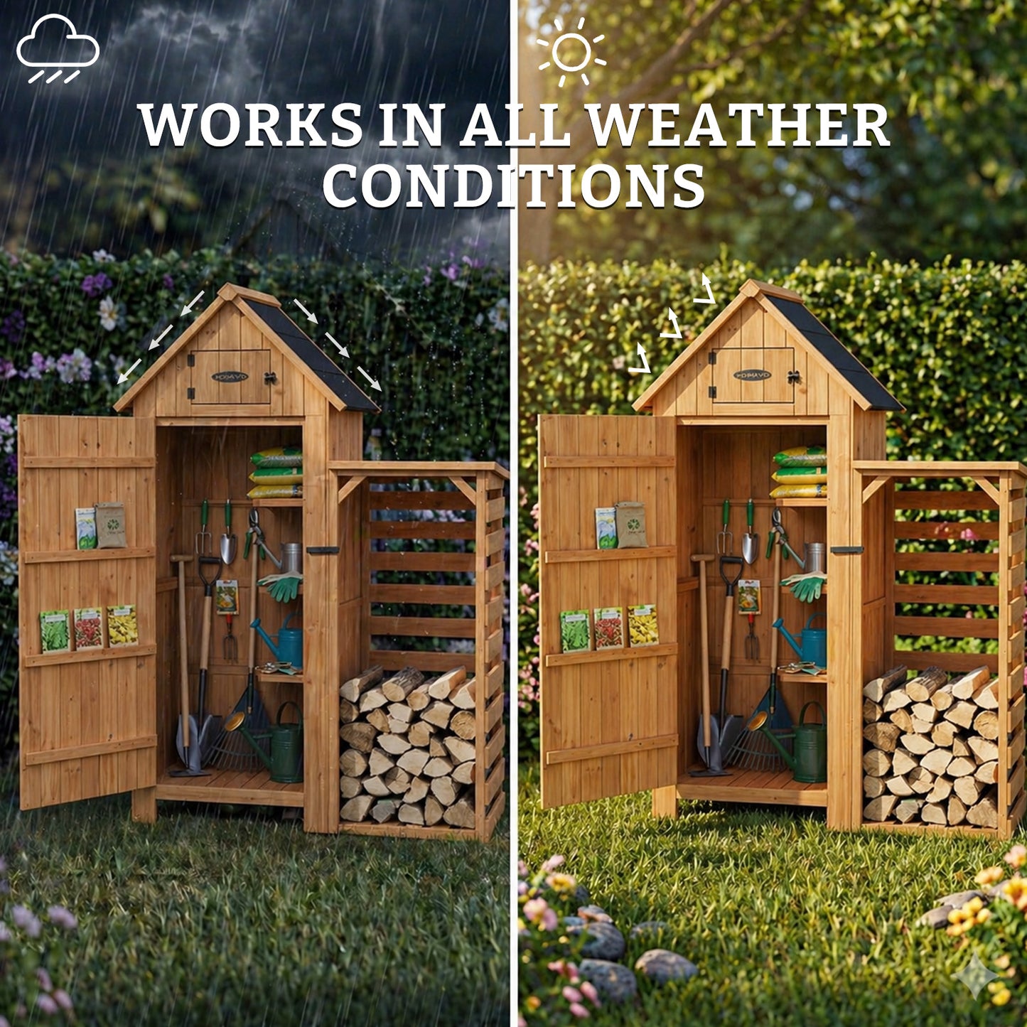 HOMAVO Garden Storage Shed with Firewood Rack, Dimensions: 131 × 54.3 × 179 cm
