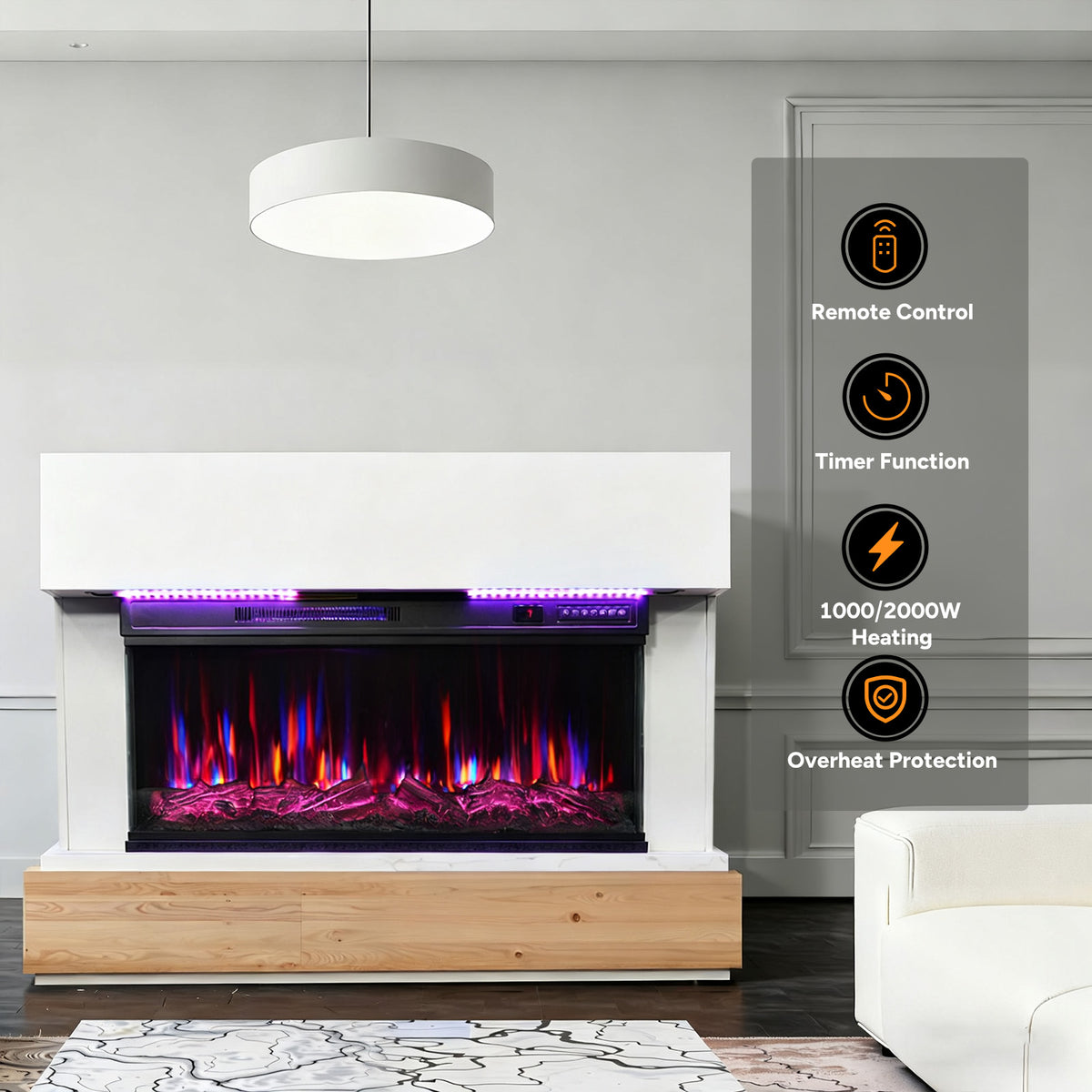 HOMAVO 36" Kaminofen, 1000W/2000W, 3D Flammeneffekt, LED-Lichtleiste, Fernbedienung, Maße: 117 × 20 × 95.5 cm