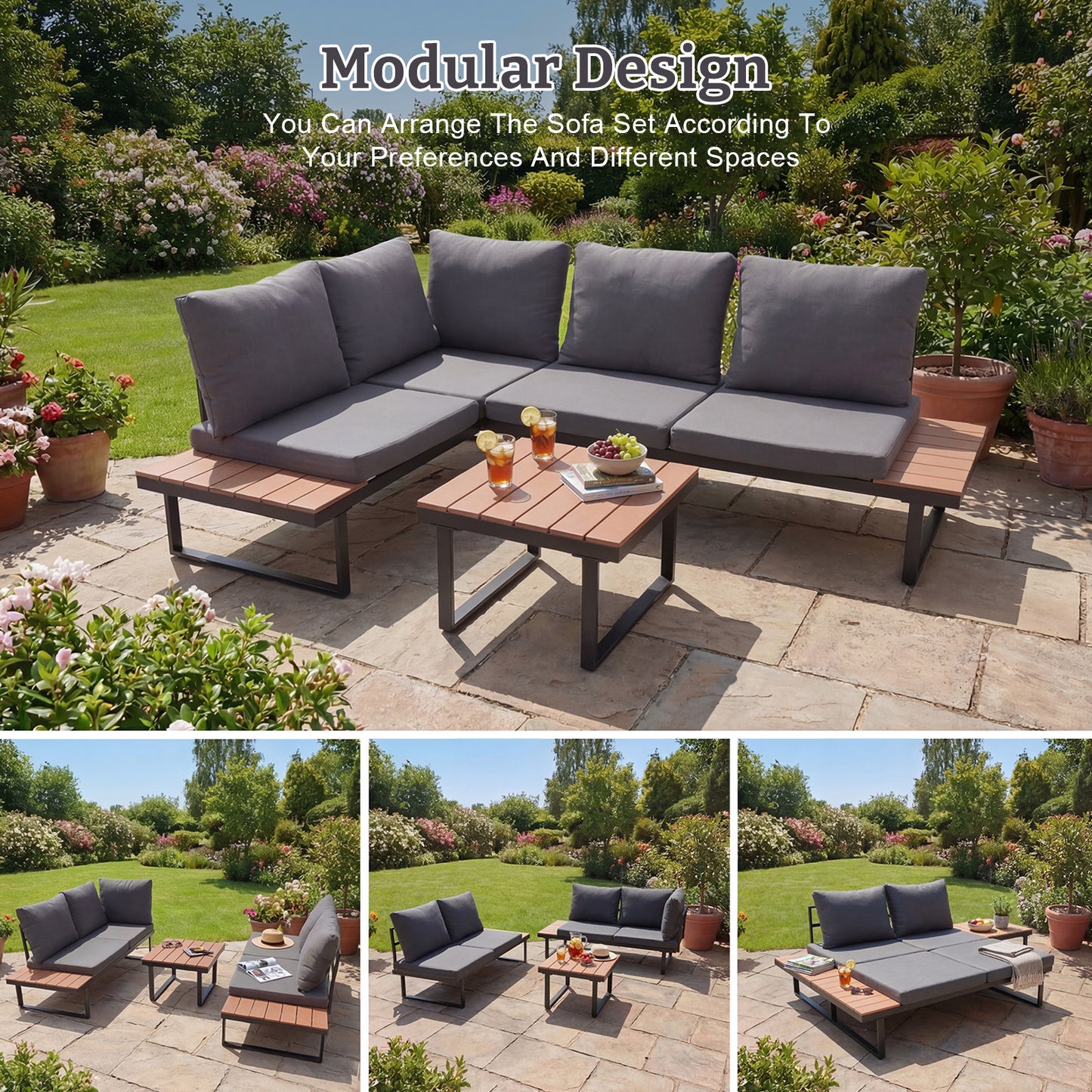 HOMAVO Patio Furniture Set with Coffee Table, L-Shaped Corner Sofa (with Waterproof Sofa Cover)