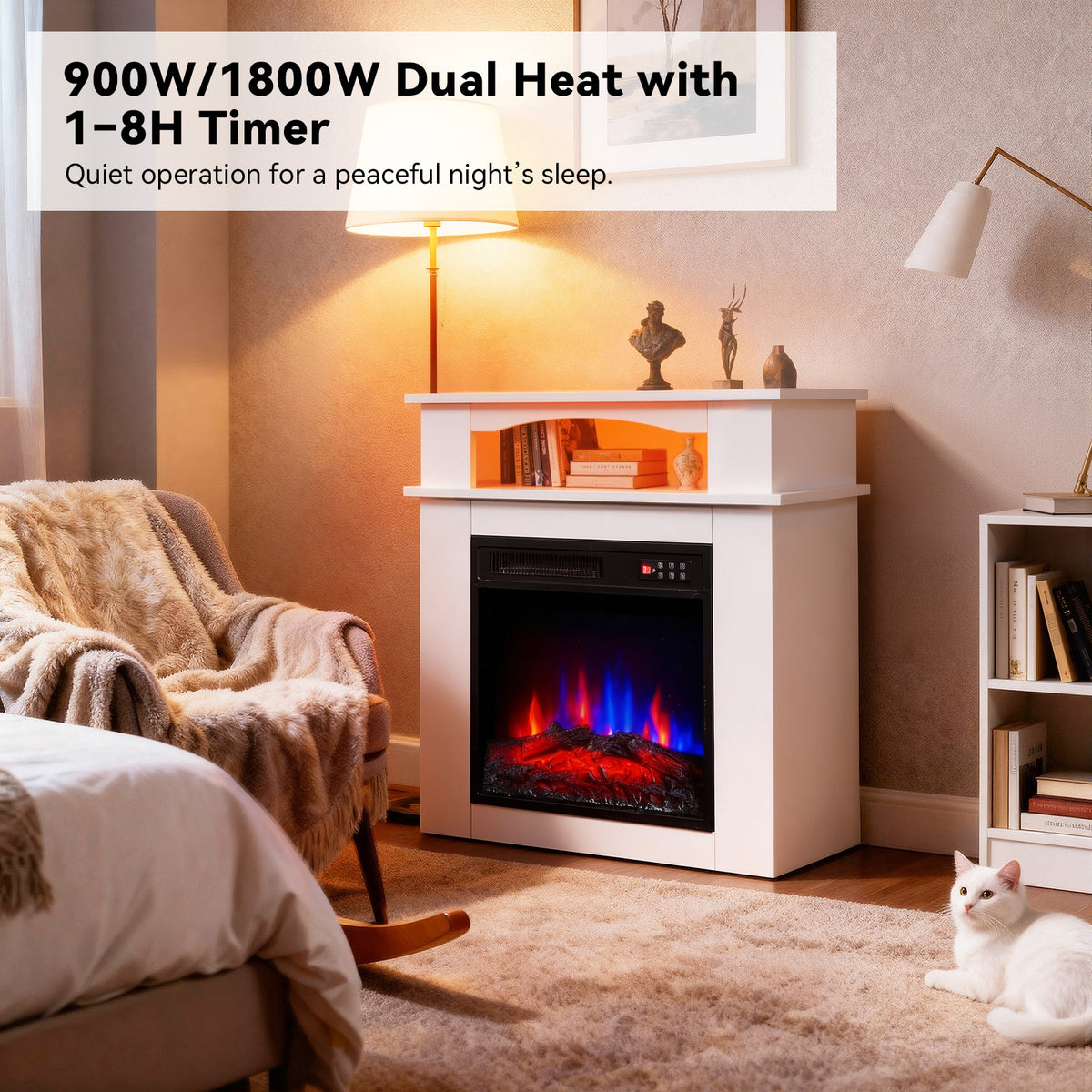 Cheminée électrique d'appoint HOMAVO 18 pouces, 900W/1800W, flamme 3D, bande lumineuse LED, télécommande, dimensions : 72 × 30 × 75 cm