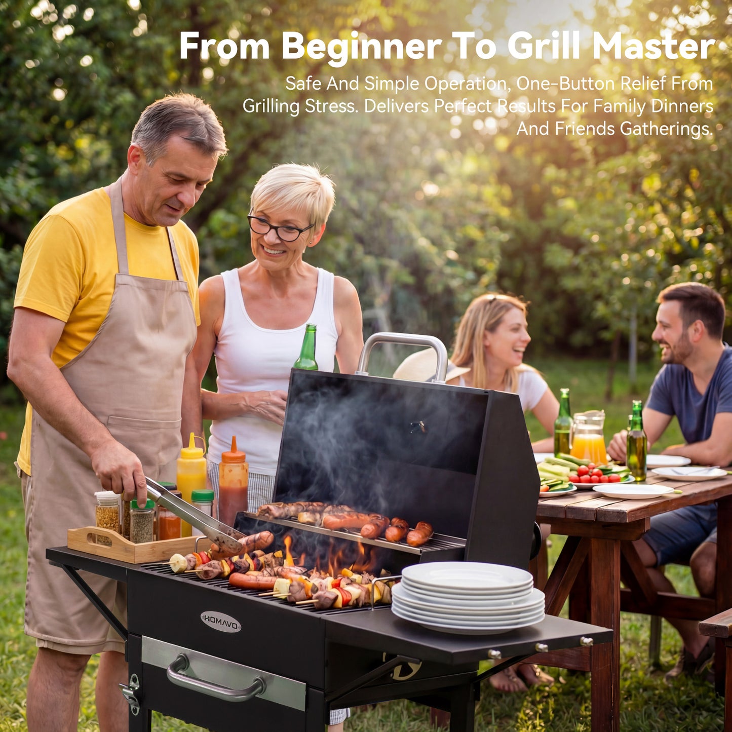 HOMAVO Charcoal Grill with Lid, 2 Side Tables, Grilling Area: 45×32cm