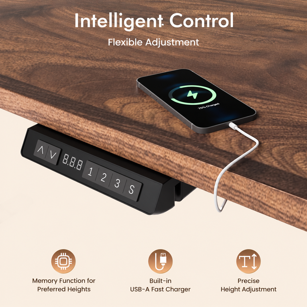 Plus Electric Standing Desk with USB-A & Type-C Charging, 70–117 cm