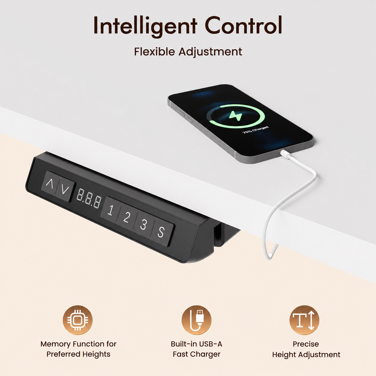 Plus Electric Standing Desk with USB-A & Type-C Charging, 70–117 cm