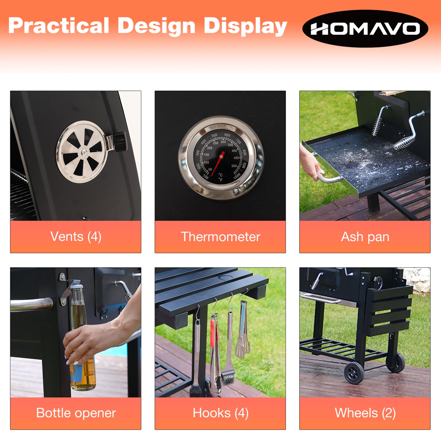 HOMAVO Charcoal Grill, Grill Surface: 56 × 42.5 cm, Height Adjustable Carbon Tub, Foldable Side Table