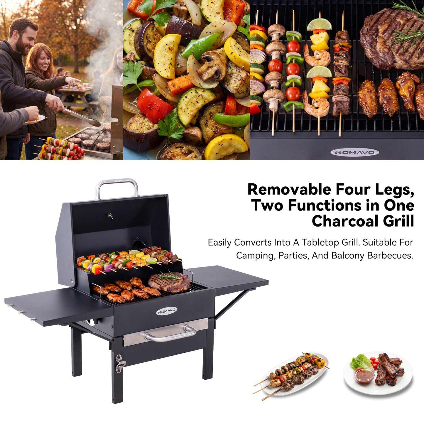 HOMAVO Charcoal Grill with Lid, 2 Side Tables, Grilling Area: 45×32cm
