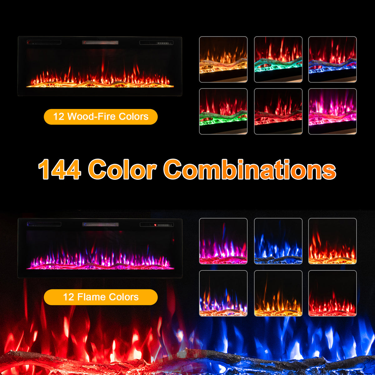 Cheminée électrique HOMAVO 50" à poser, 1000W/2000W, effet de flamme simulé 3D, télécommande et contrôle par application, Dimensions : 150 × 30 × 60 cm