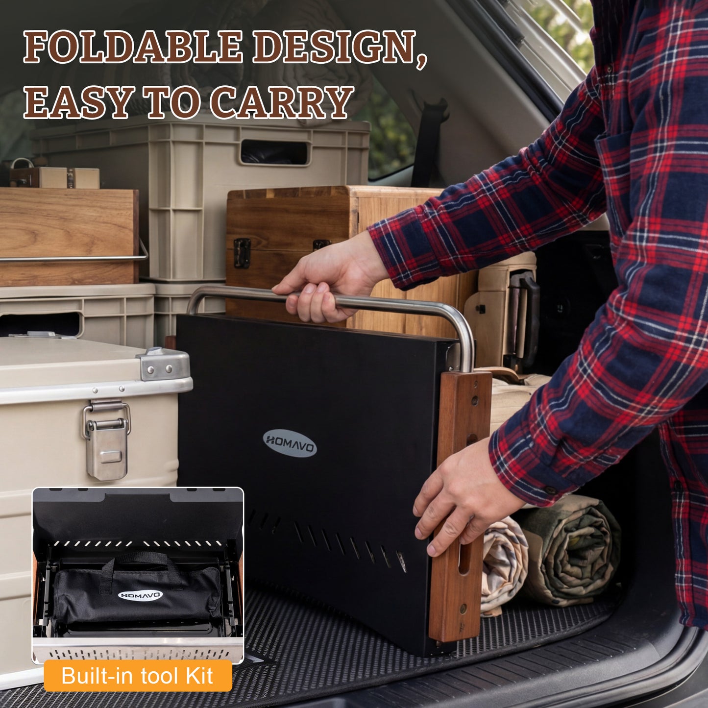 HOMAVO Portable Charcoal BBQ Grill for Camping, Picnic & Backyard Grilling, Grilling Area: 38.15 × 20.95 cm