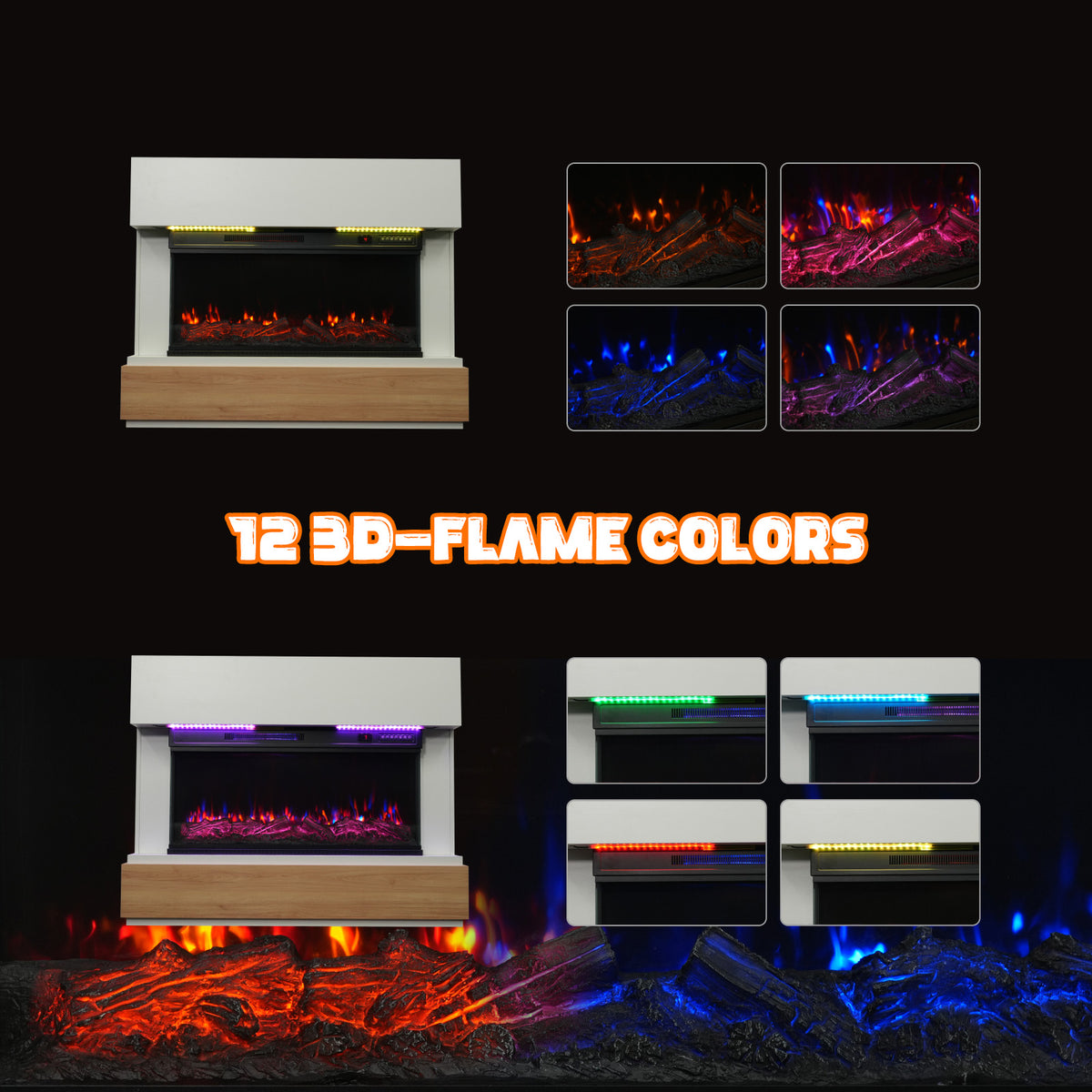 HOMAVO 36" Kaminofen, 1000W/2000W, 3D Flammeneffekt, LED-Lichtleiste, Fernbedienung, Maße: 117 × 20 × 95.5 cm