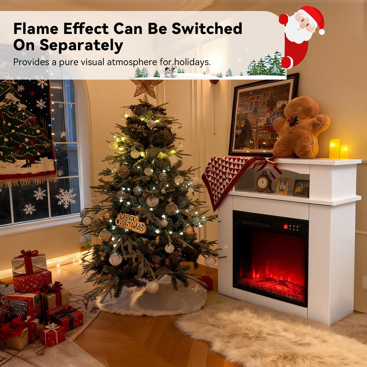 Cheminée électrique d'appoint HOMAVO 18 pouces, 900W/1800W, flamme 3D, bande lumineuse LED, télécommande, dimensions : 72 × 30 × 75 cm