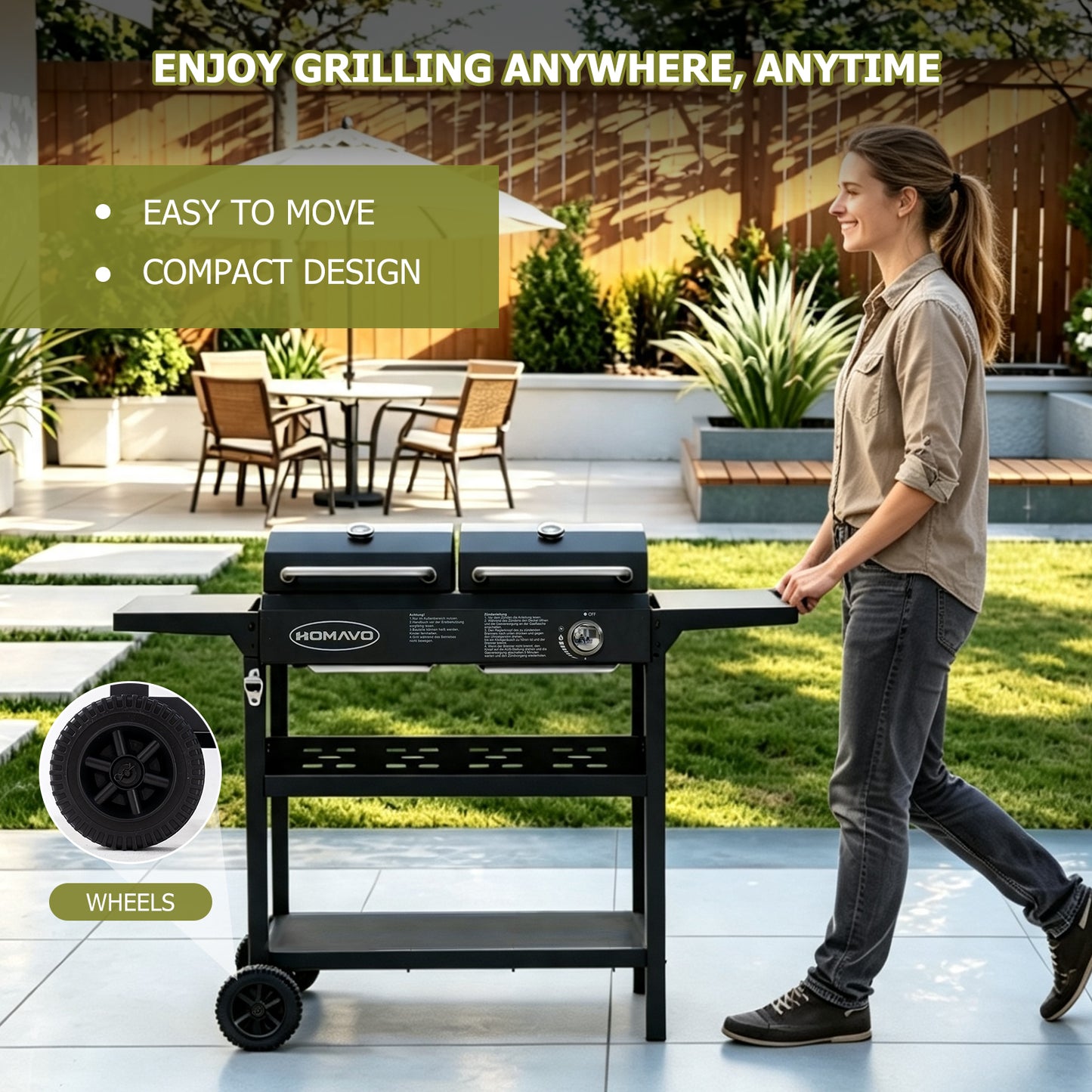 HOMAVO 2-in-1 Gas & Charcoal Grill, Dimensions : 130 × 43 × 92.8 cm