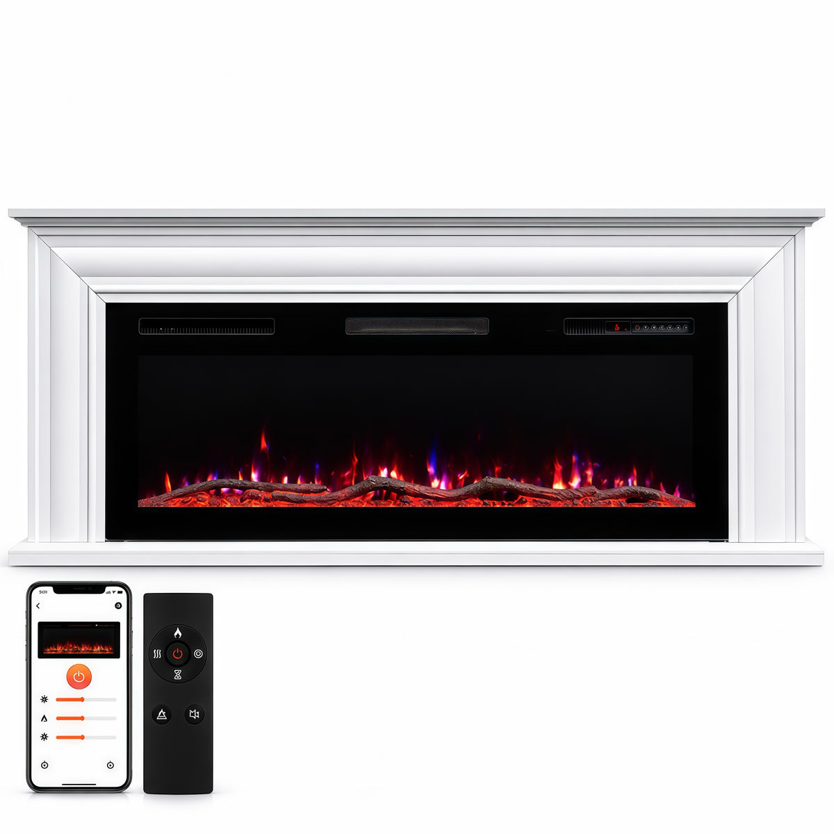 HOMAVO Electric Fireplace with Cabinet, 50 Inch, 1000/2000 W Heating, App Control, 3D Flame Effect Cabinet Size: 162 × 30 × 67 cm, 12 Flame Colors, 1–8 Hour Timer