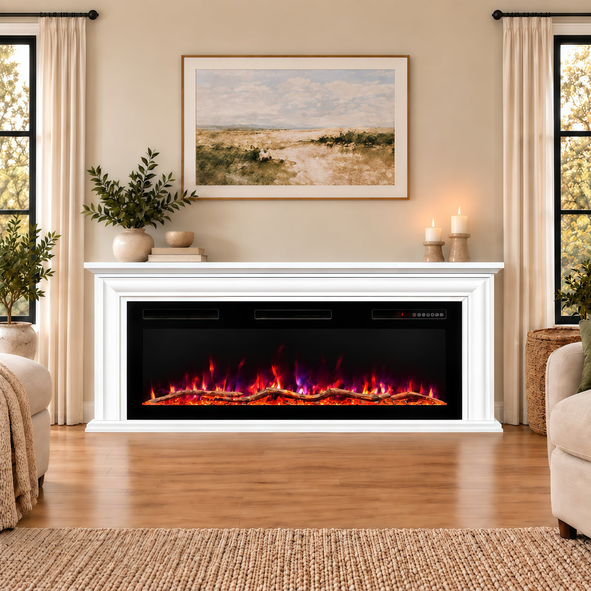 HOMAVO Electric Fireplace with Cabinet, 50 Inch, 1000/2000 W Heating, App Control, 3D Flame Effect Cabinet Size: 162 × 30 × 67 cm, 12 Flame Colors, 1–8 Hour Timer