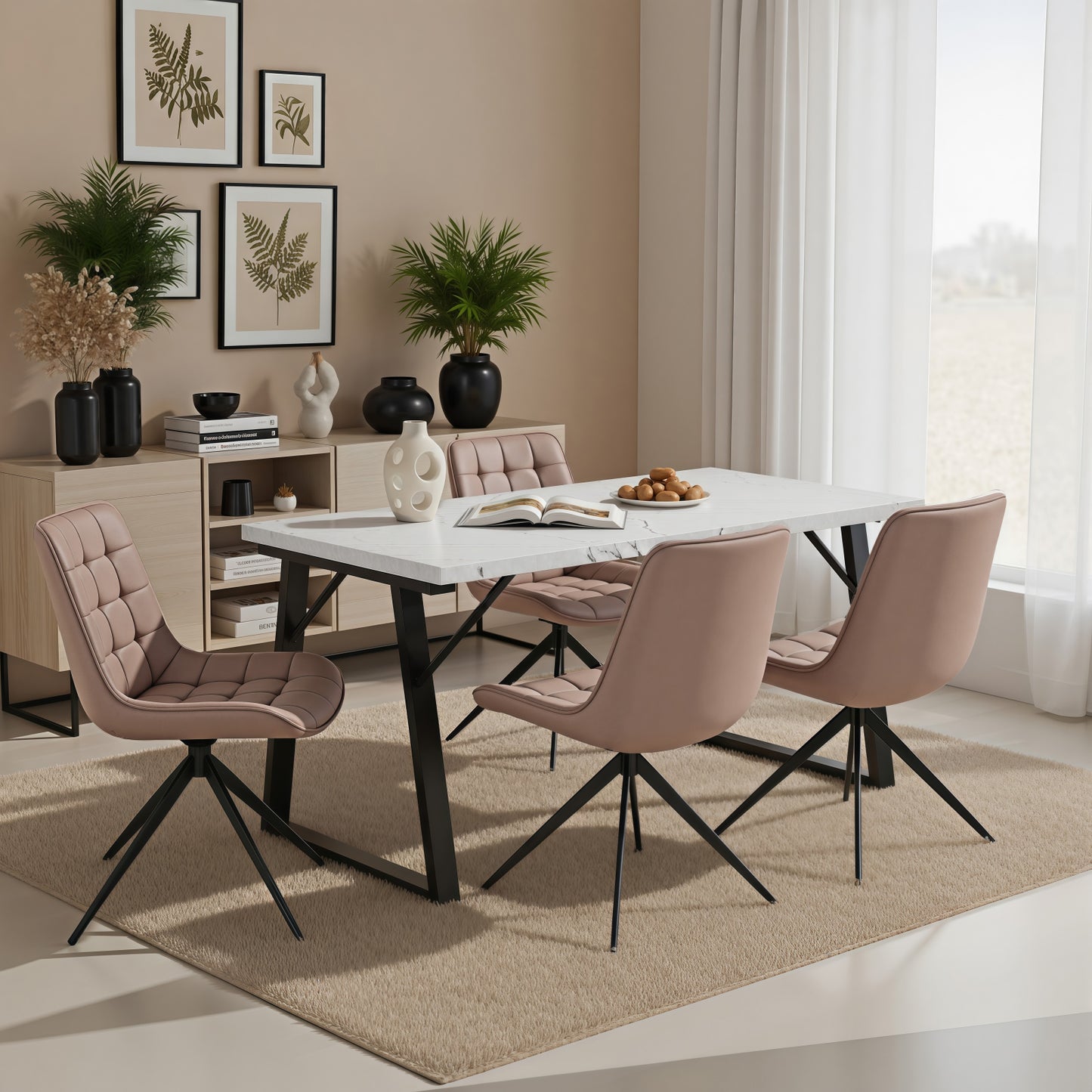 HOMAVO 5 Piece Dining Set — Comfortable 360° Swivel Dining Chairs, Includes 140×80cm Dining Table, Sturdy Metal Frame, Medium-Density Fibreboard Tabletop, Velvet or Faux Leather